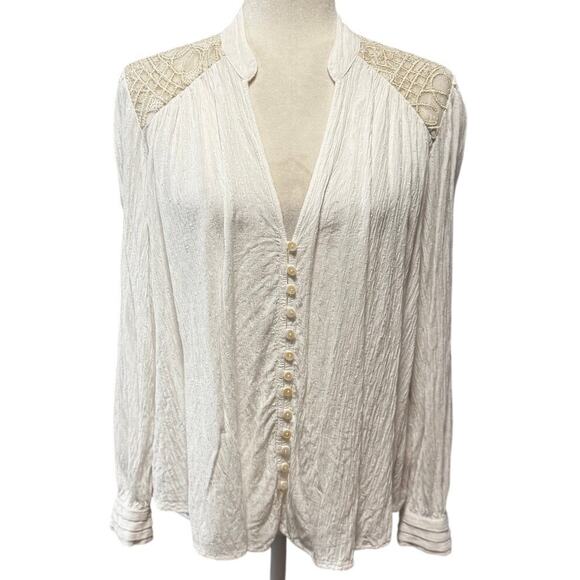 Free People Ivory Boho Gauze Button Front Blouse With Metallic Embroidery Size M - Picture 1 of 6